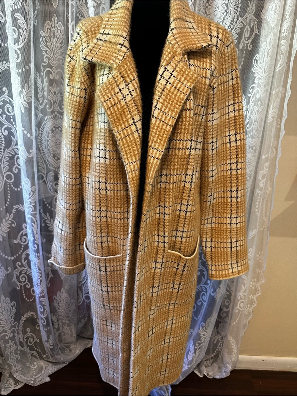 Cyrus Yellow Plaid Wool Blend Long Pea Coat